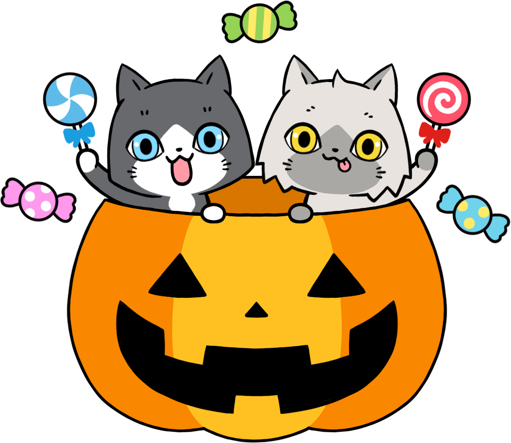 カボチャの中でキャンディを楽しむトワとセツナのイラスト