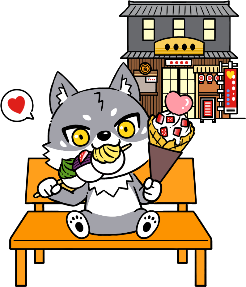 城下町で食べ歩きをするマカミのイラスト