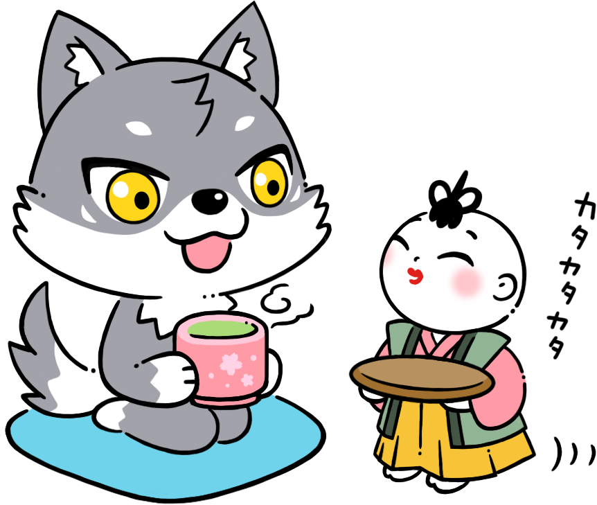 からくり人形を体験するマカミのイラスト