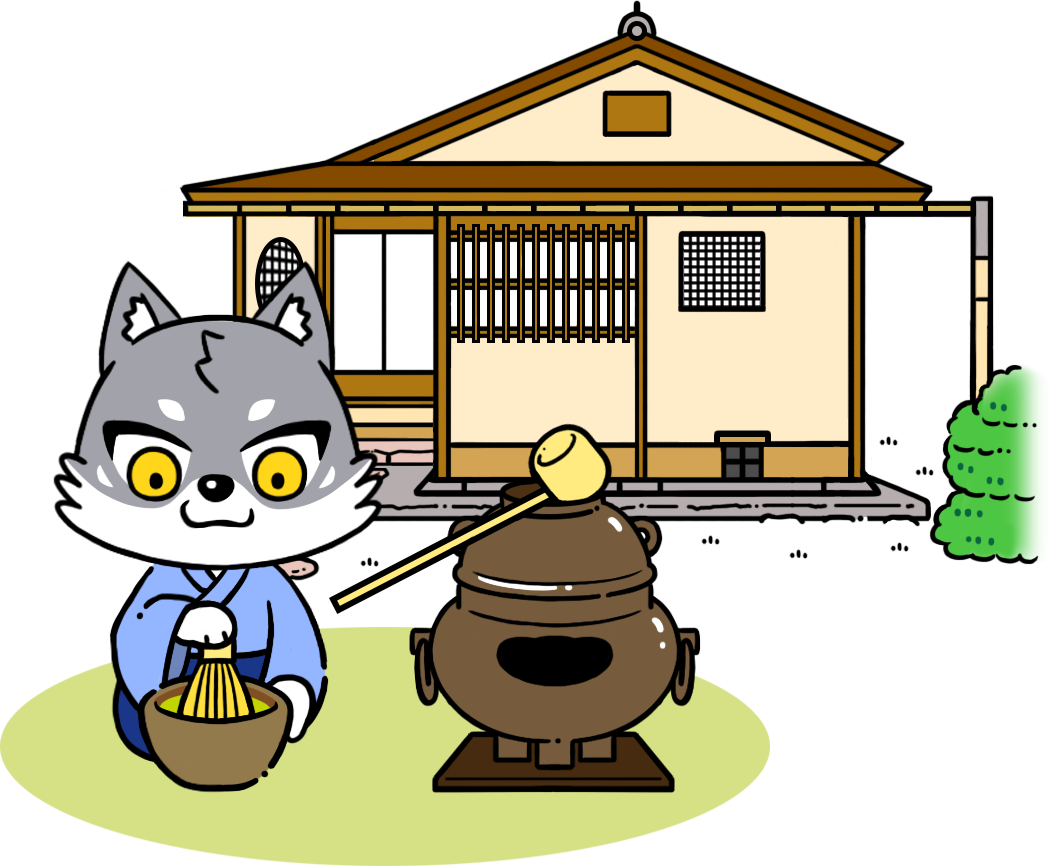 国宝茶屋の如庵にてお茶をするマカミのイラスト