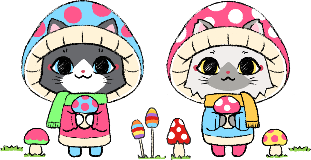 きのこコーデを楽しむトワとセツナのイラスト