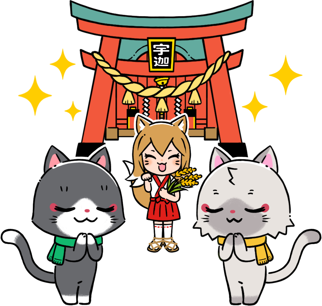 CNP Landの宇迦神社でお参りをするトワとセツナのイラスト