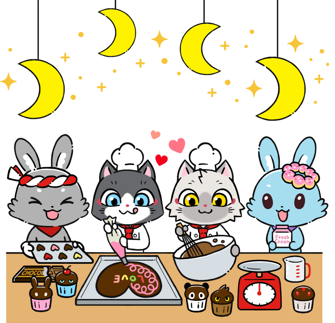 お菓子作りをするトワとセツナとルナのイラスト