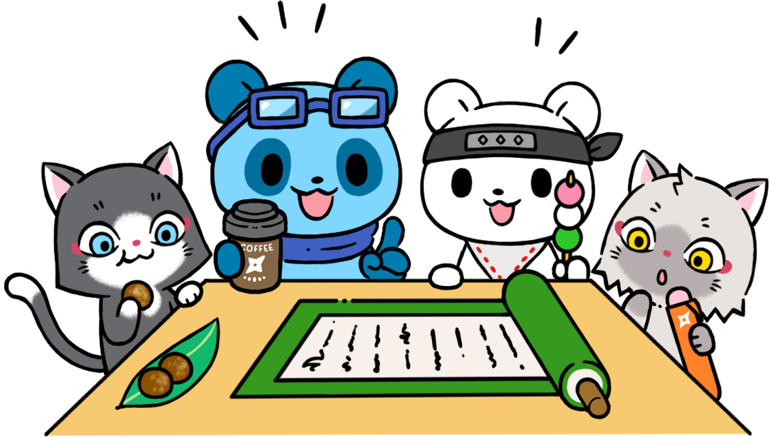 roadさんとBoxさんと一緒におやつタイムをするトワとセツナのイラスト