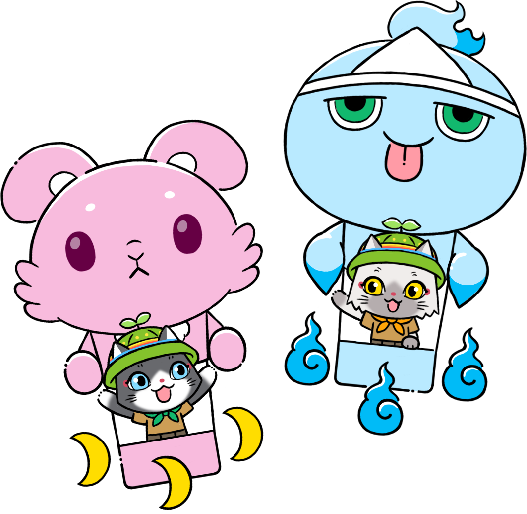 ミタマ気球とルナ気球に乗っているトワとセツナのイラスト