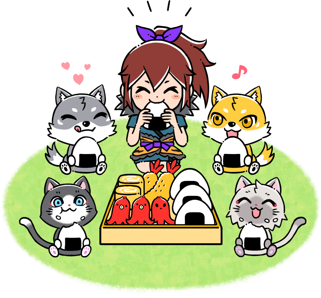 マカミの森でピクニックをするトワとセツナと紫苑と仲間たちのイラスト
