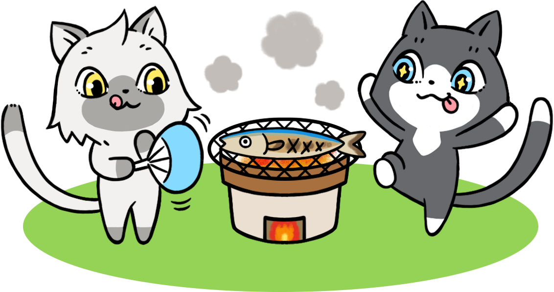 魚を焼くトワとセツナのイラスト