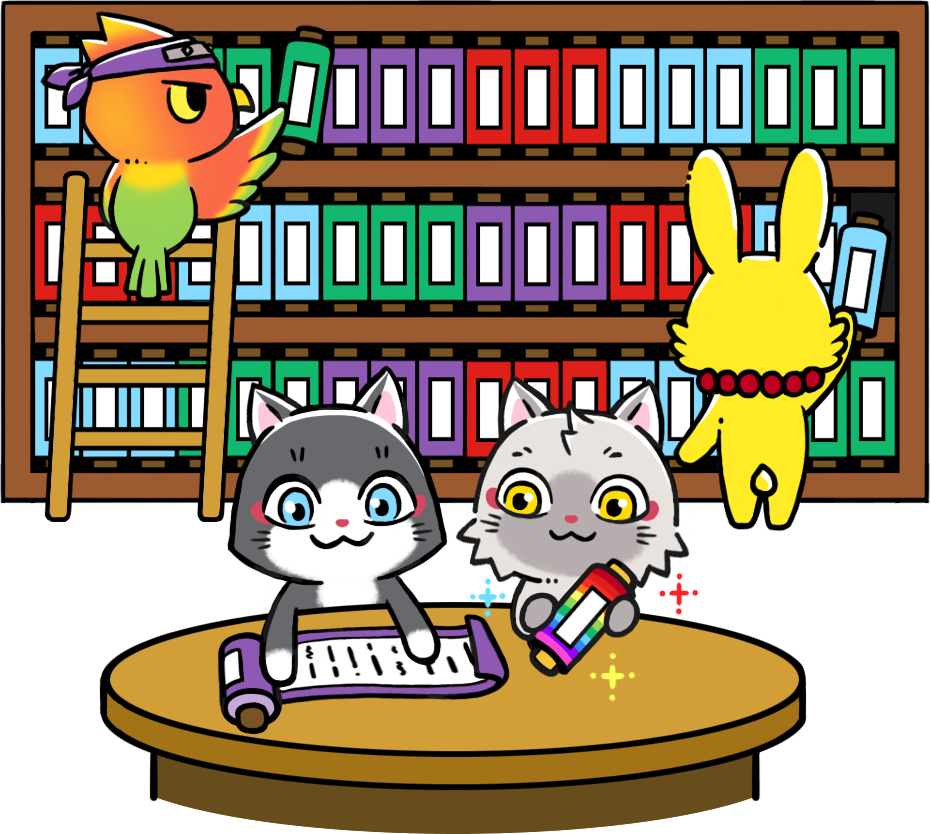 図書館で調べものをするトワとセツナのイラスト