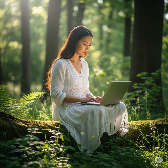 Beautiful Woman working from forest on her laptop