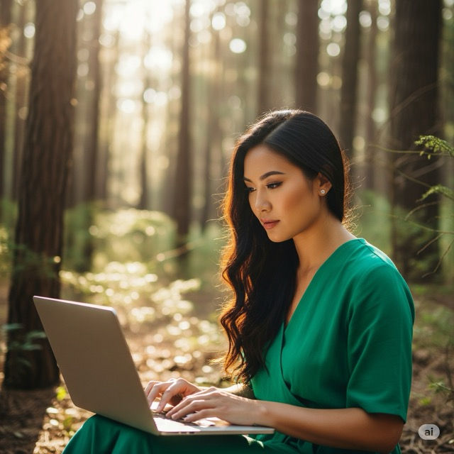 Beautiful Woman working from forest on her laptop