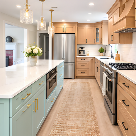 Custom kitchen featuring white oak cabinets and a sage‑green island with gold hardware, white stone countertop, pendant lighting, and stainless steel appliances.