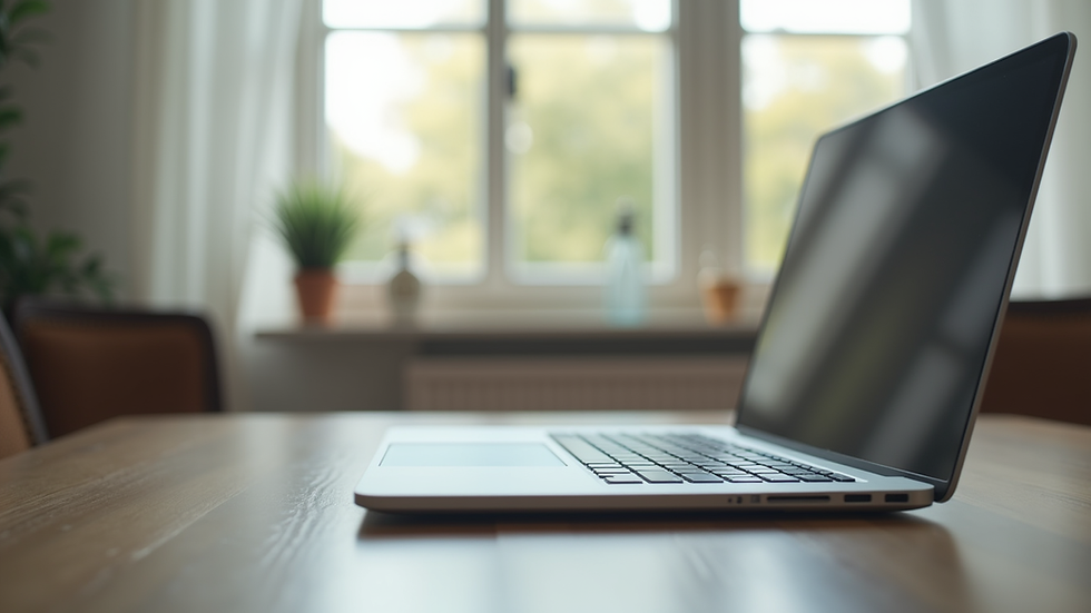 Eye-level view of a laptop on a desk with a calm room background