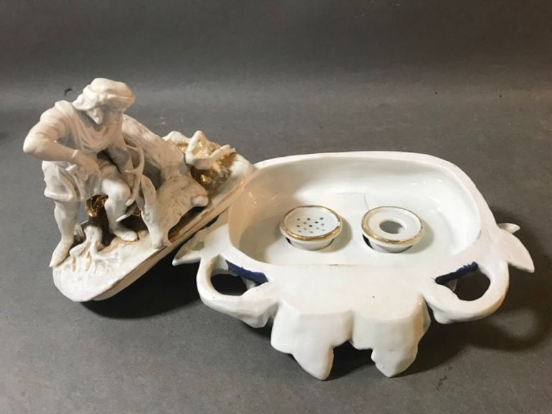 Thumbnail: Ceramic Hunter and Stag Ink Well Desk Set