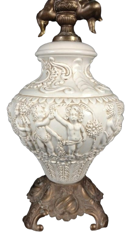 Thumbnail: Pair of Figural Hollywood Regency Cherub & Porcelain Lamps