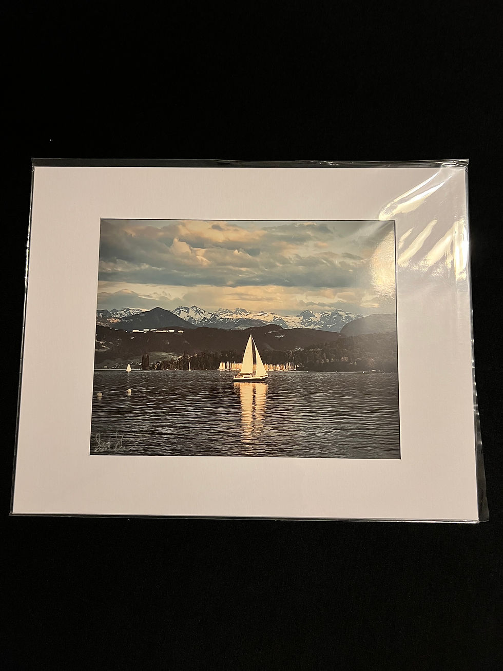 Thumbnail: Photograph of a sailboat on Lake Lucerne with the Swiss Alps in the background, 8x10 high quality print