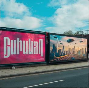 "Two hoardings: one with a basic 2D design and the other with a futuristic 3D advertisement, showcasing traditional vs. modern hoarding advertising."