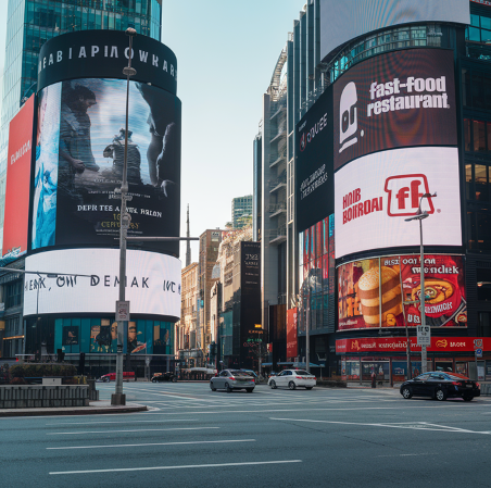 "An urban cityscape featuring multiple digital billboards displaying various advertisements, including one for a fast-food restaurant, against a backdrop of modern skyscrapers."