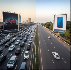 "Comparison of two hoarding advertising locations: one on a busy road with heavy traffic and another on an empty road with light traffic, illustrating the impact of location on advertising visibility."