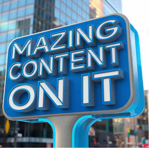  "A close-up of a blue 3D billboard with the text 'AMAZING CONTENT ON IT,' set against the backdrop of a modern city with tall glass buildings."