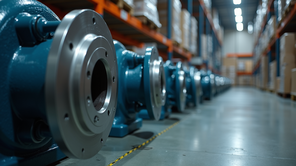 Eye-level view of hydraulic pump components arranged in a warehouse