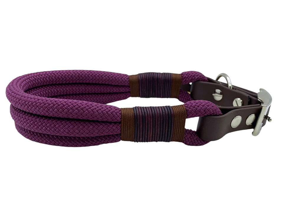 Miniaturbild: Lila Hundehalsband mit braunen Lederdetails und MINI Tauleine 8mm. Aspenwood - Handmade.