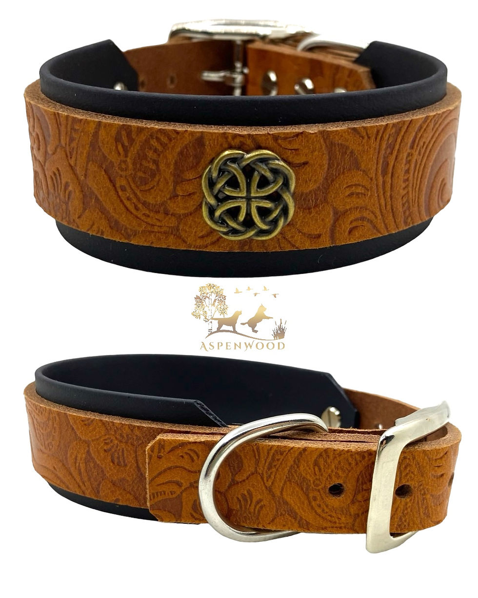 Miniaturbild: Braunes Lederhalsband mit Logo und Schnalle, Aspenwood - Handmade, MINI Tauleine 8mm.