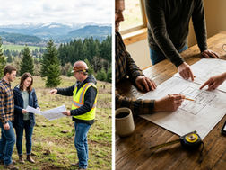 Home building process in Oregon: Left, a couple and builder review blueprints on a wooded hillside with mountain views; right, a close-up of hands discussing house plans with a tablet and measuring tape.