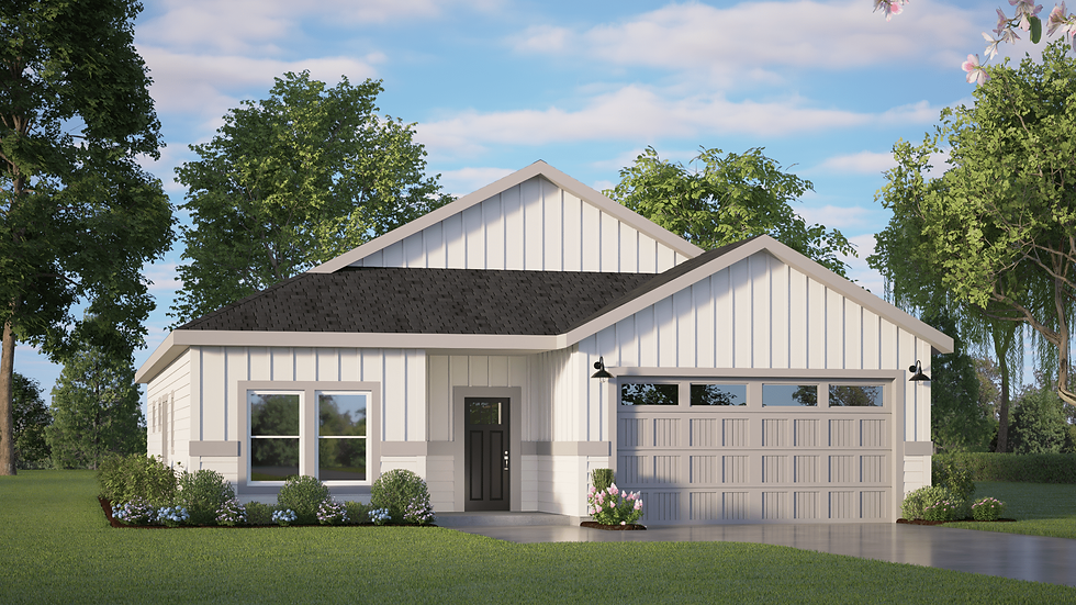 This is an illustration of the outside of a one-story house design that boasts an impressive visual appeal.