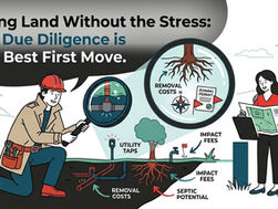 A professional builder and client standing on a vacant grass lot, reviewing a site buildability analysis for a custom home project.