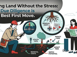 A professional builder and client standing on a vacant grass lot, reviewing a site buildability analysis for a custom home project.
