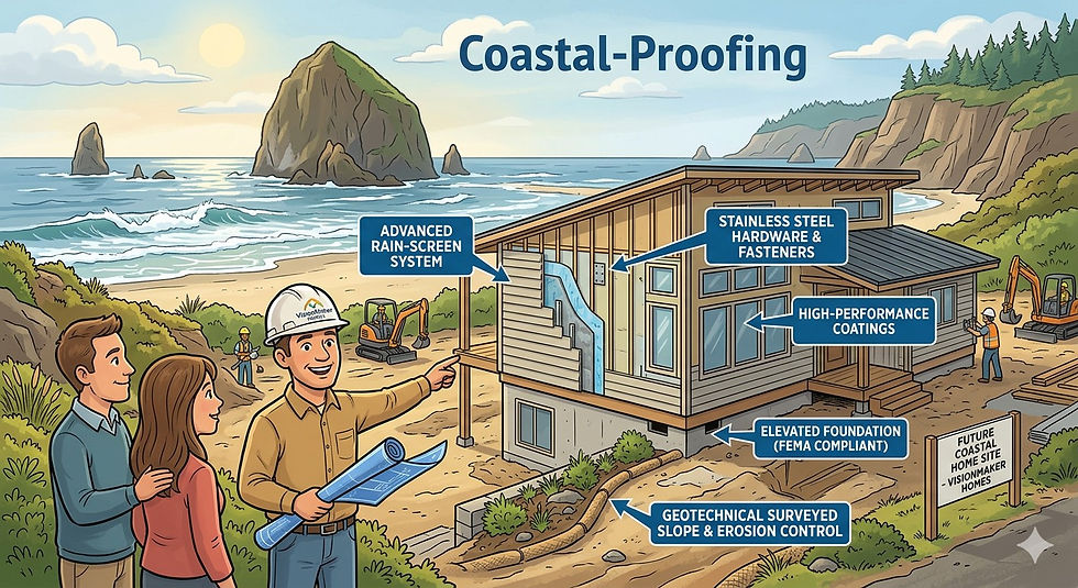 A cartoon illustration of a construction site on the Oregon Coast featuring a VisionMaker Homes builder showing a couple the specialized features of their new home, including a moisture-barrier rain screen, stainless steel hardware, and erosion control measures with Cannon Beach's Haystack Rock in the background.
