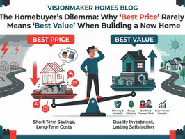 "Illustration for a VisionMaker Homes blog post titled 'The Homebuyer’s Dilemma: Why "Best Price" Rarely Means "Best Value" When Building a New Home'. The illustration uses a flat-design style with a color palette of deep teal, striking red, and dark charcoal grey. A confused homebuyer stands on a large balance scale. The left side, labeled 'BEST PRICE' in red, shows a poorly constructed, collapsing house on a small pile of money, with stormy weather, cracked roads, and icons representing issues like leaks and drafts. Text below reads 'Short-Term Savings, Long-Term Costs'. The right side, labeled 'BEST VALUE' in teal, shows a solid, high-quality house on a larger pile of money and gears, with sunny, well-maintained surroundings and icons for 'Warranty & Durability', 'Energy Efficiency', 'Comfort & Peace of Mind', and 'Future Resale Potential'. Text below reads 'Quality Investment, Lasting Satisfaction'. The scale tips towards the 'BEST VALUE' side."