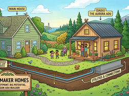 A VisionMaker Homes illustration showing how to build an ADU in Western Oregon and the Oregon Coast. The graphic features a detached Aurora ADU (DADU) in a backyard with a 400-amp electrical upgrade and underground utility connections, highlighting the potential of Oregon middle housing for families.