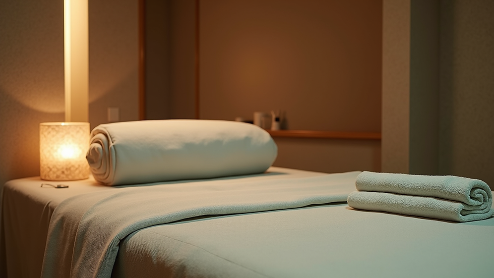 Vue en plongée d’un espace de massage thaï traditionnel avec tapis et coussins