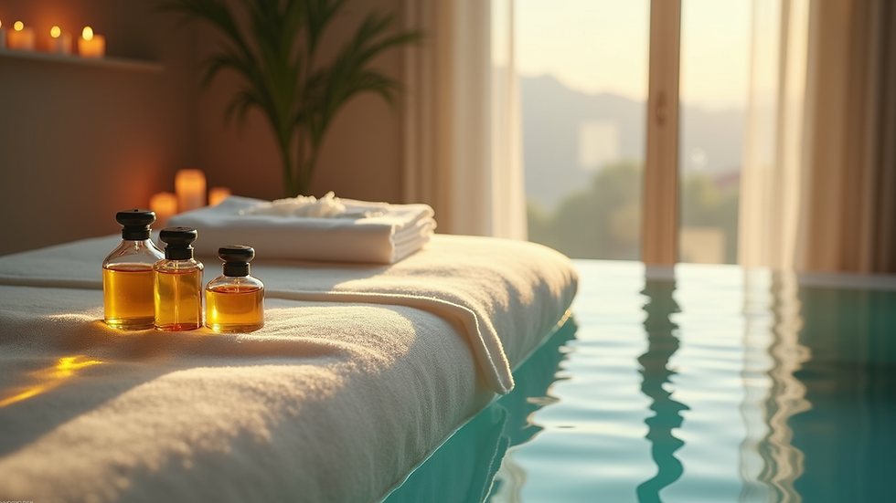 Vue en plongée d’une table de massage avec huiles essentielles et serviettes pliées