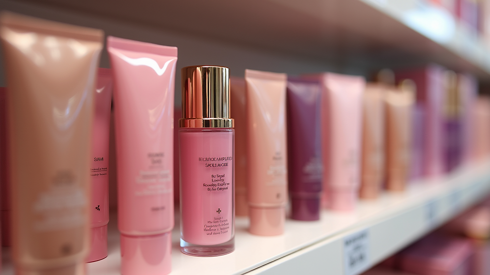 Close-up view of affordable beauty products displayed on a store shelf