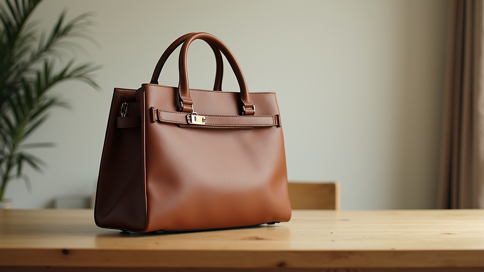 Eye-level view of a retro handbag on a minimalistic wooden table