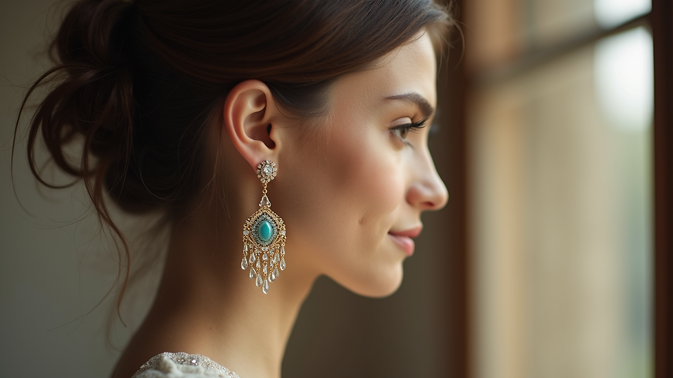Close-up view of a woman wearing stylish vintage earrings