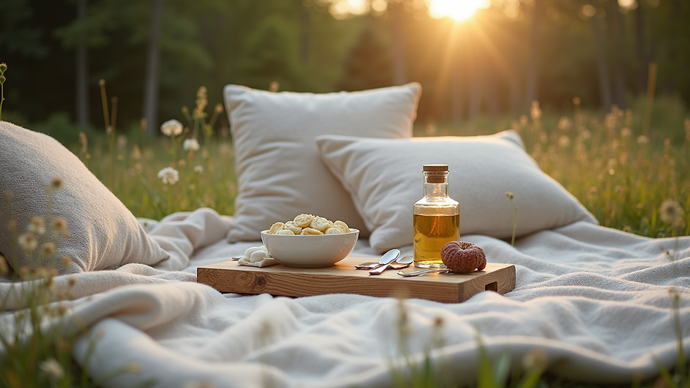 Eye-level view of a luxury picnic setup with cushions and elegant tableware