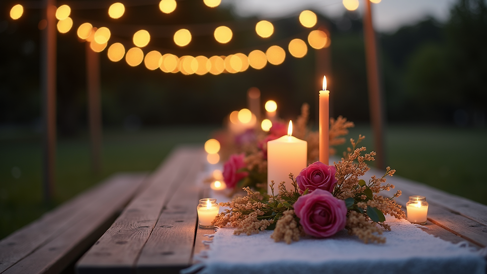 Close-up view of a picnic table decorated with candles, flowers, and string lights at dusk