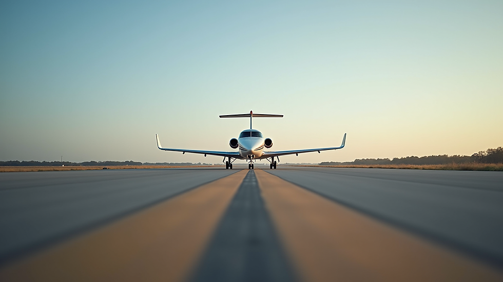 Eye-level view of a small aircraft parked on a runway