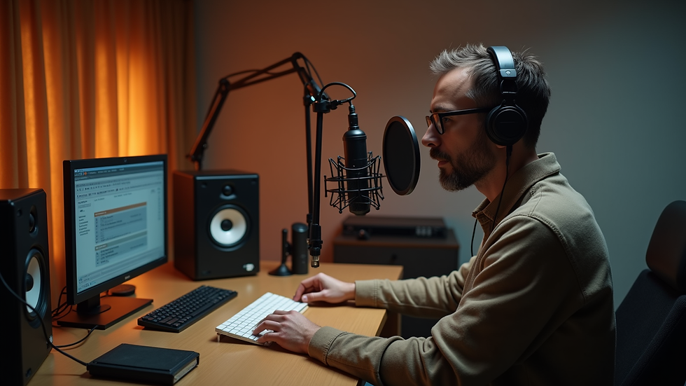 High angle view of a voice actor recording in a home studio