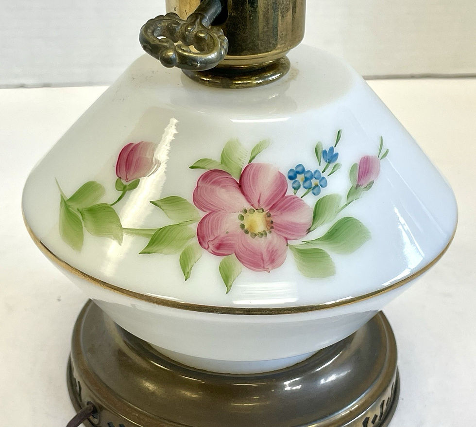 Thumbnail: Vintage Milk Glass Hurricane Lamp - Hand Painted Pink Floral Design, Electrified
