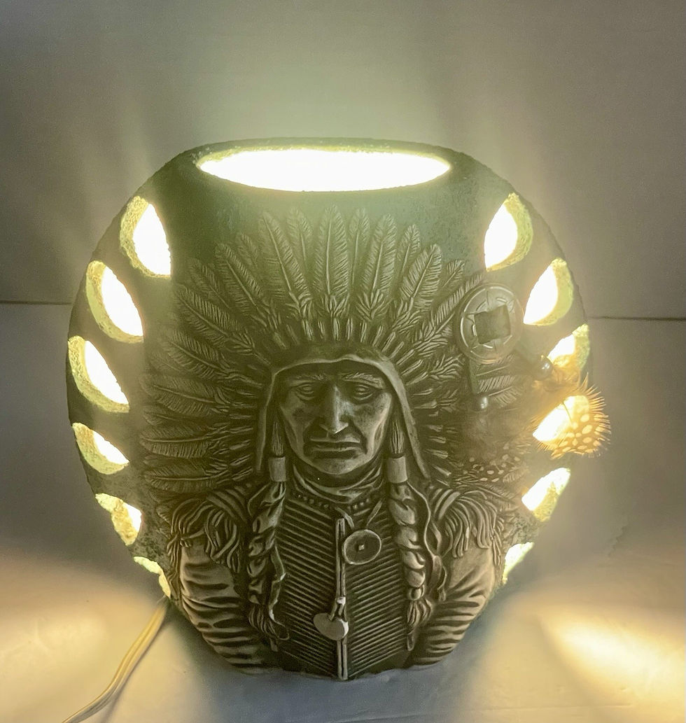 Thumbnail: Native American Indian Chief Themed Turquoise Blue Decorative Lamp Signed