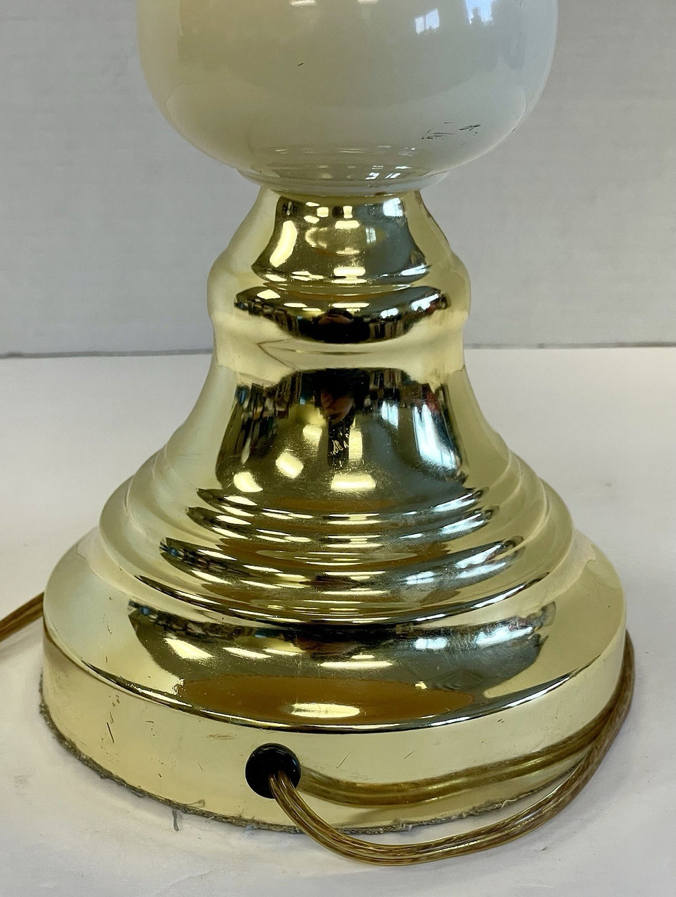 Thumbnail: Vintage Hollywood Regency Brass Table Lamp w Glass Orb w Pleated Beige Shade