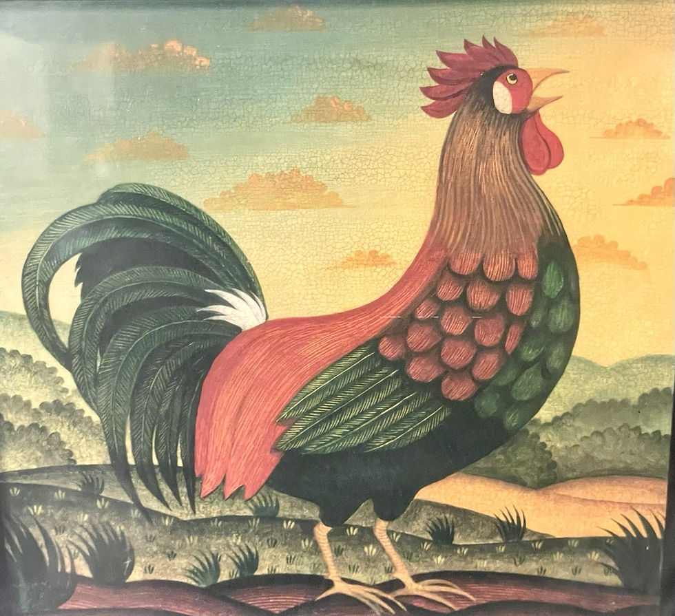 Thumbnail: Pair Of 2 Vintage Framed Folk Art Prints Of A Rooster And A Hen Couple 1998