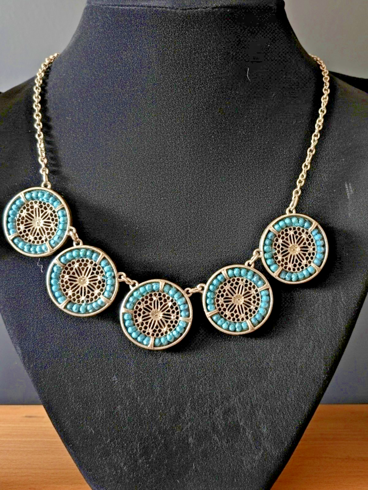 Ashley Cooper Silver Tone -Turquoise Bead Medallion Statement Necklace