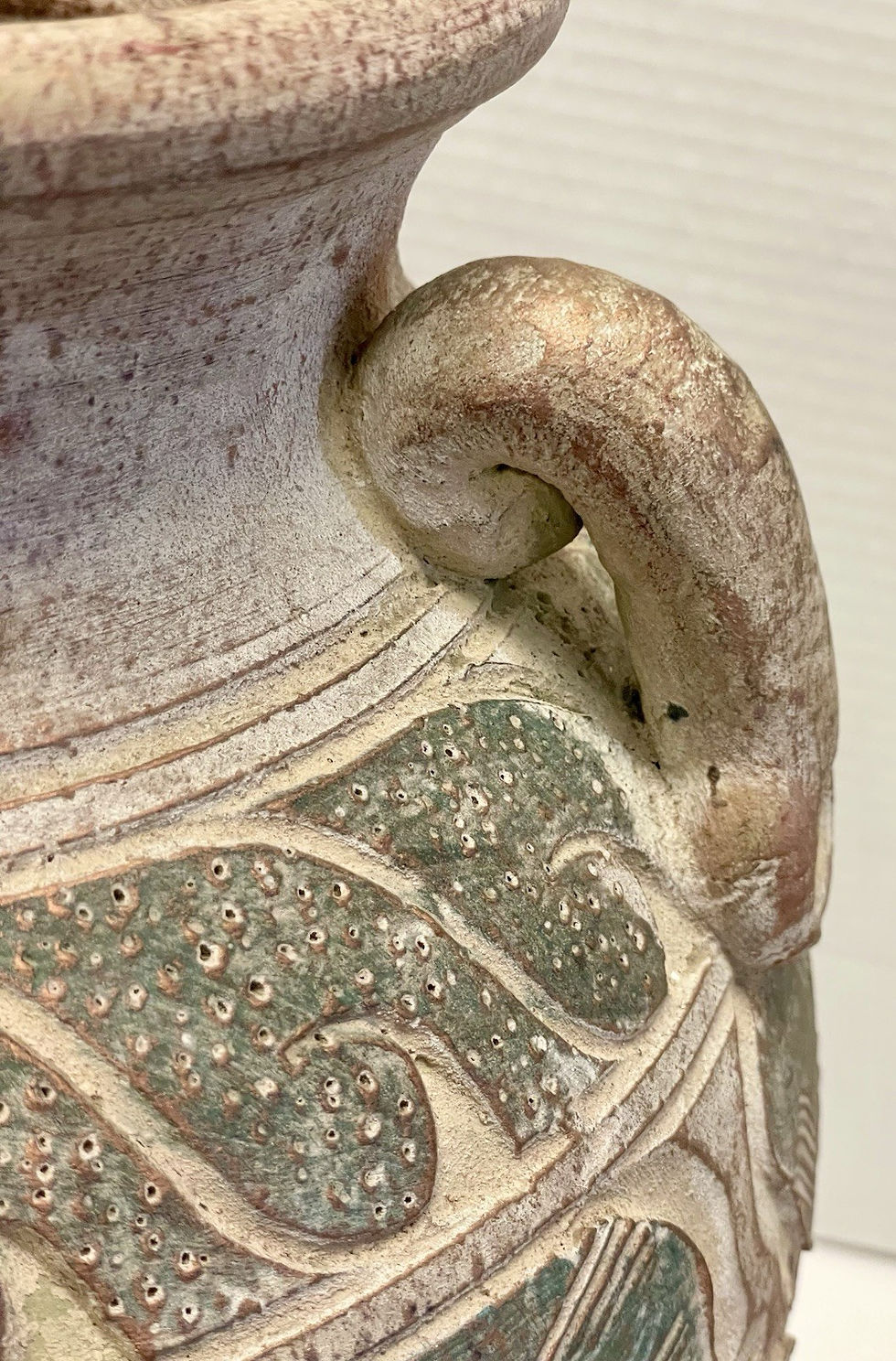Thumbnail: Large 15" Vintage Asian Elephant Carved Stoneware Vase/ Brown & Green Salt Glaze