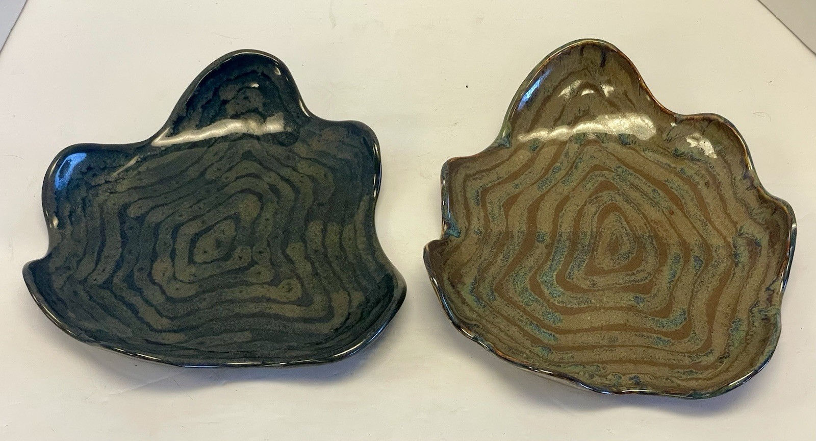 Handmade Organic Freeform Tree Ring Glaze Studio Pottery Trays Blue Brown 2 Pcs