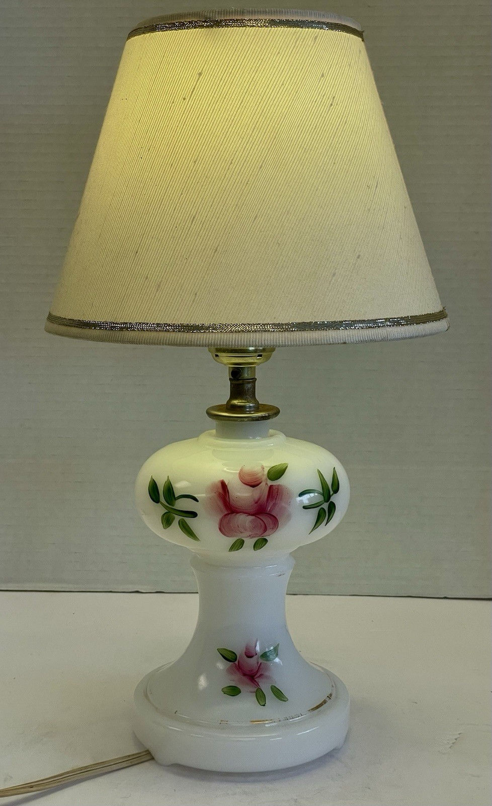 Thumbnail: Vintage Milk Glass Table Lamp With Handpainted Pink Floral Accents With Shade